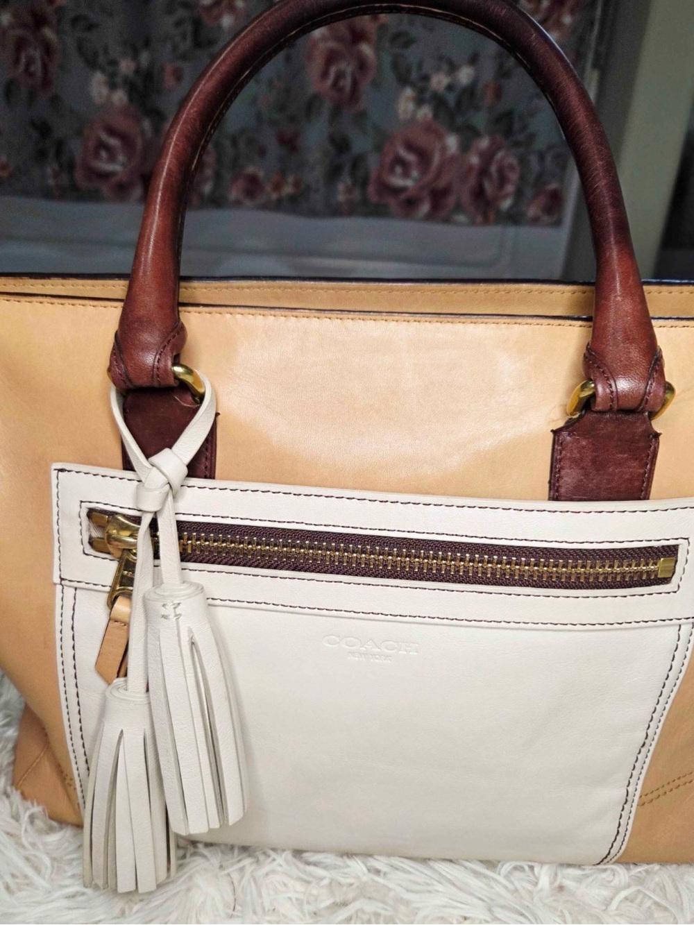 Coach Two-Tone Leather Satchel in Cream and Brown